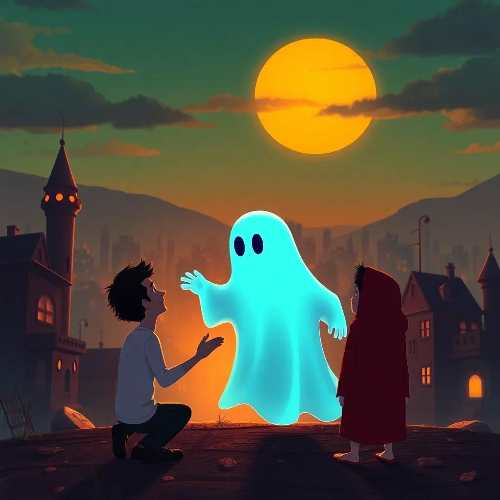 The ghost saying goodbye to Sami and his friend as the sun sets behind the spooky city, with a promise to return, emotional yet uplifting, colorful