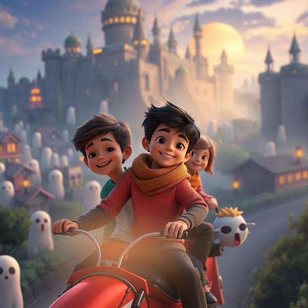 Sami and his friends riding back home with smiles on their faces, the city of ghosts gently fading in the background, hopeful, enchanting atmosphere