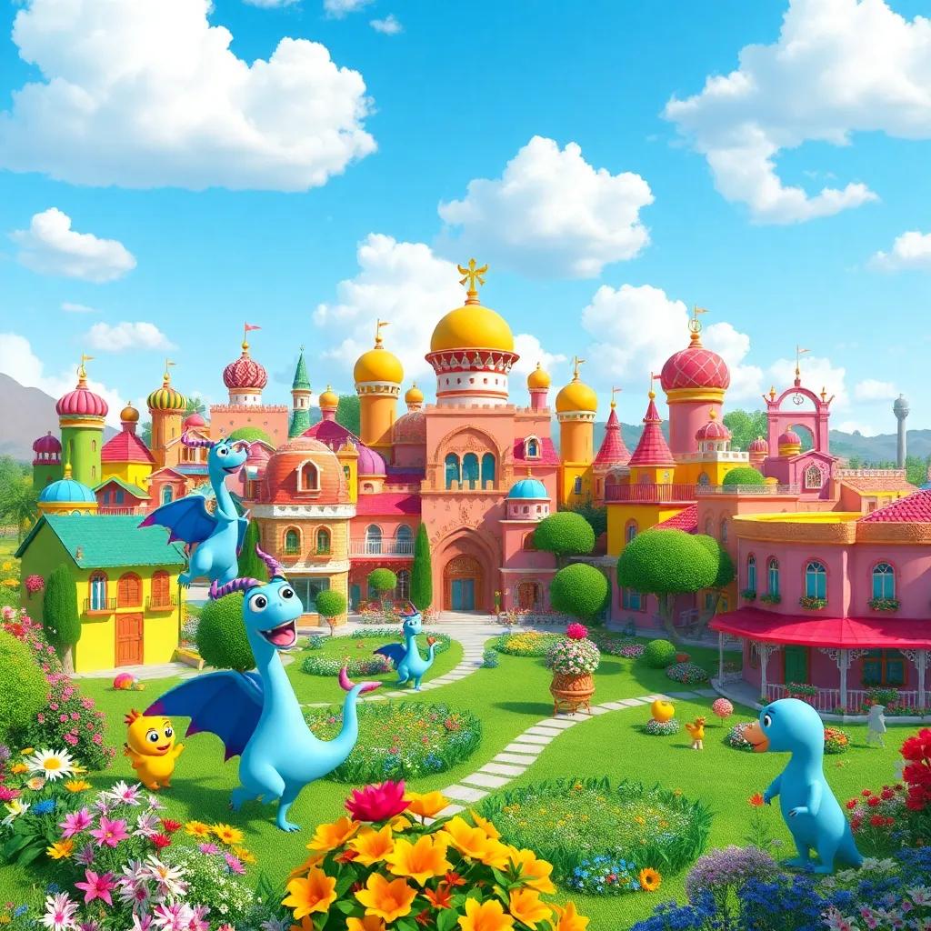 A colorful city called Alwaniya with vibrant houses, magical creatures, and beautiful gardens, a sunny day with blue skies and fluffy clouds, digital art, bright colors, cheerful atmosphere, high quality