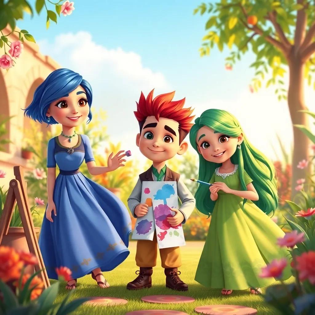 Three friends in Alwaniya: Layla with short blue hair, wearing a flowing blue dress, Samer with spiky red hair in a painter's outfit, and Nora with long green hair in a flowing green dress, creating art together in a beautiful garden, joyful expressions, warm light, vibrant colors, child-friendly scene