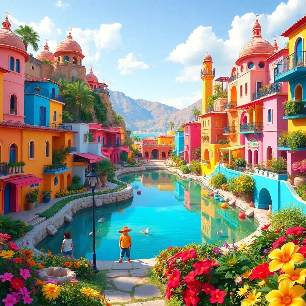 A brightly colored city called Alwaniya, with vibrant houses, gardens and a beautiful lake in the background, children playing and flowers blooming, digital art, colorful, cheerful atmosphere, high quality