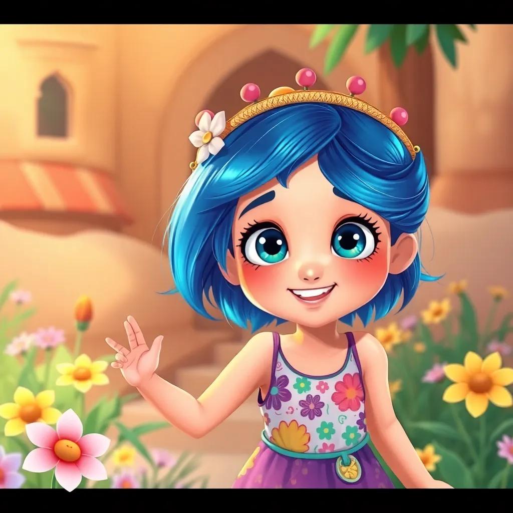 Leila, a girl with shiny blue hair, exploring Alwaniya with a curious expression, wide eyes, colorful dress, cheerful flowers around her, illustration, lively, adventure-themed, child-friendly
