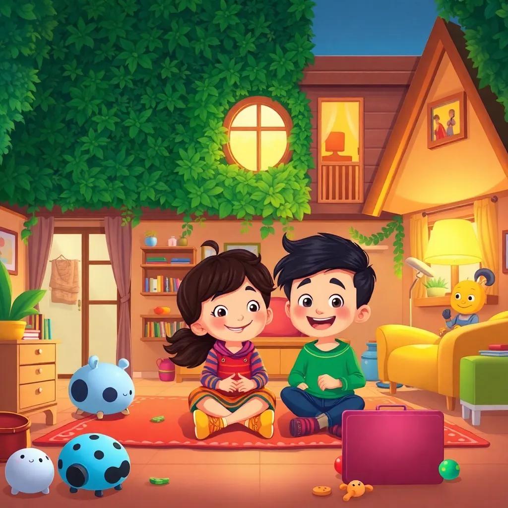 A large, cozy house with a green garden, two happy children, Dalal and Rahim, playing together in the living room, colorful toys around them, digital illustration, warm colors, inviting atmosphere, cheerful mood, high quality