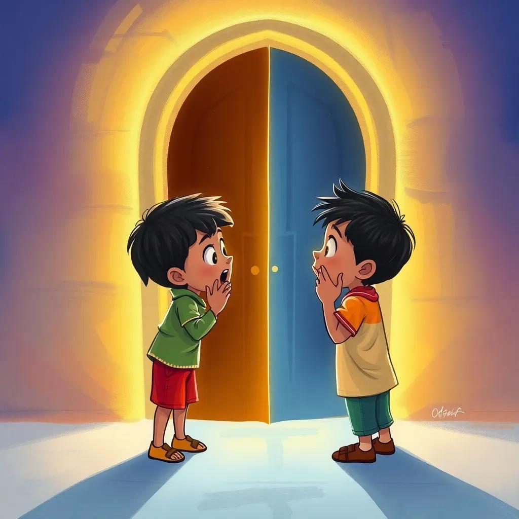 Dalal and Rahim, two excited children, whispering to each other in front of a mysterious door, with a glow coming from it, curious expressions on their faces, digital art, magical, vibrant colors, intriguing scene, high detail