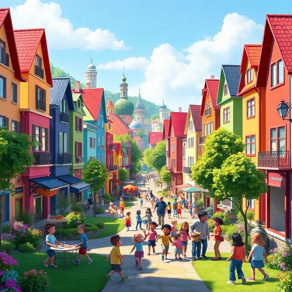 A beautiful city with colorful houses and friendly people, a vibrant park filled with children playing, cheerful atmosphere, bright sunny day, digital art, vivid colors, inviting perspective, high quality