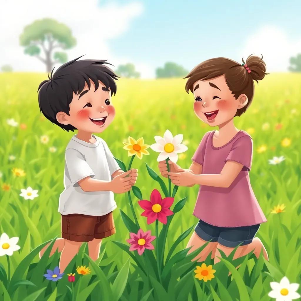 Children playing together in green fields, making flowers from colorful paper, laughing and smiling, surrounded by nature, illustration, cheerful, playful, child-friendly