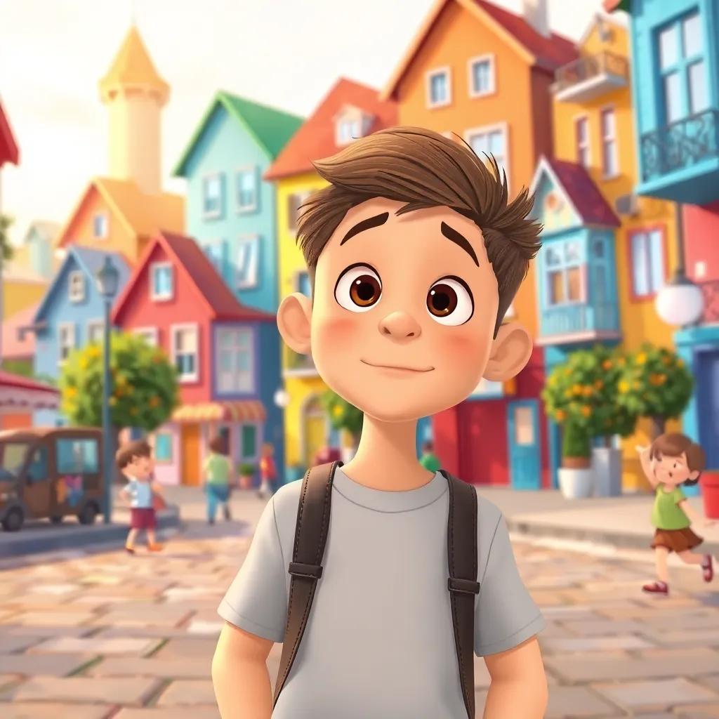 A stranger standing in the cheerful city, looking curious and surprised, with colorful houses in the background and happy children playing, illustration, warm light, friendly vibe, inviting perspective, high quality