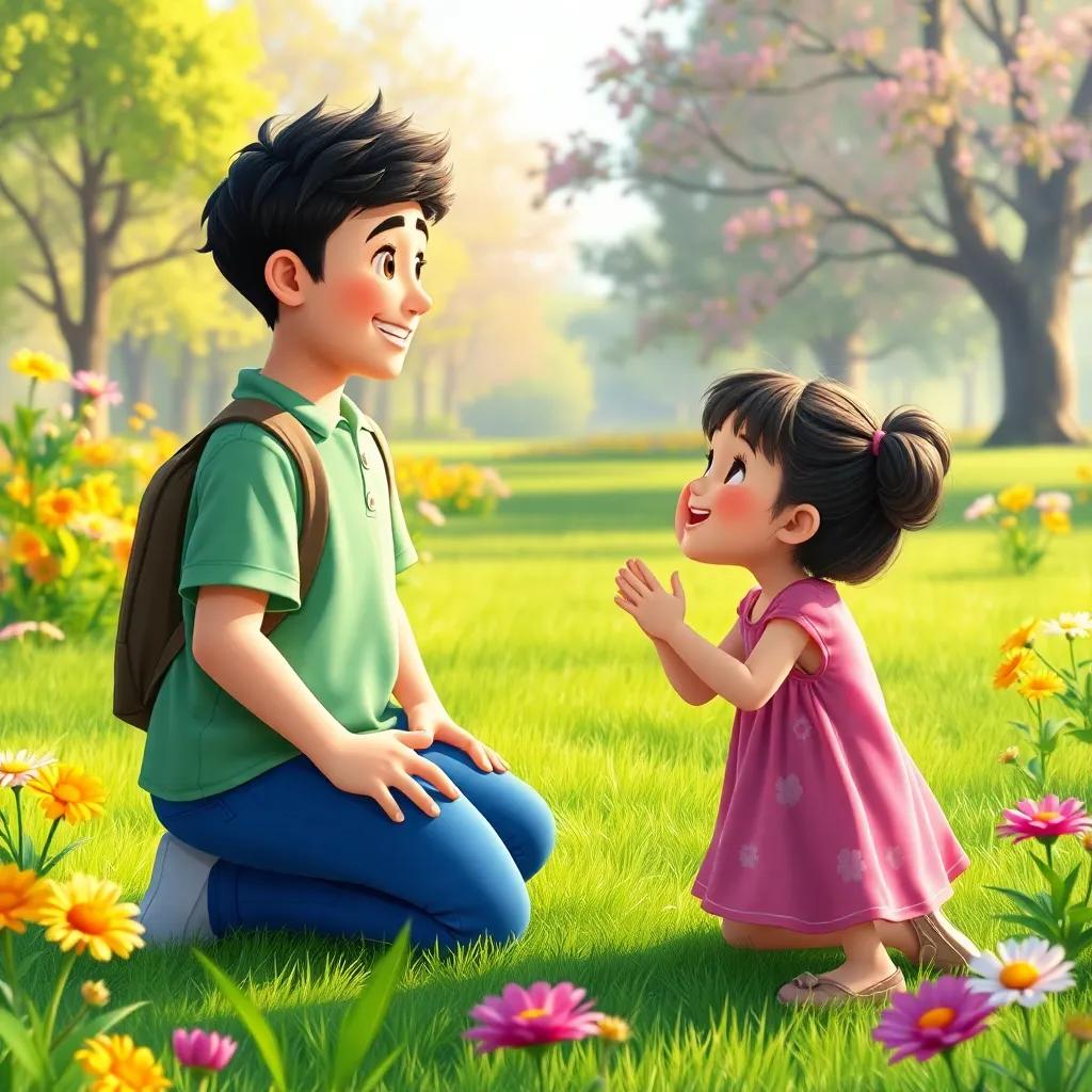 Children teaching the stranger in a park, showing him how to play and smile, surrounded by bright flowers and green grass, digital painting, uplifting atmosphere, colorful, joyful