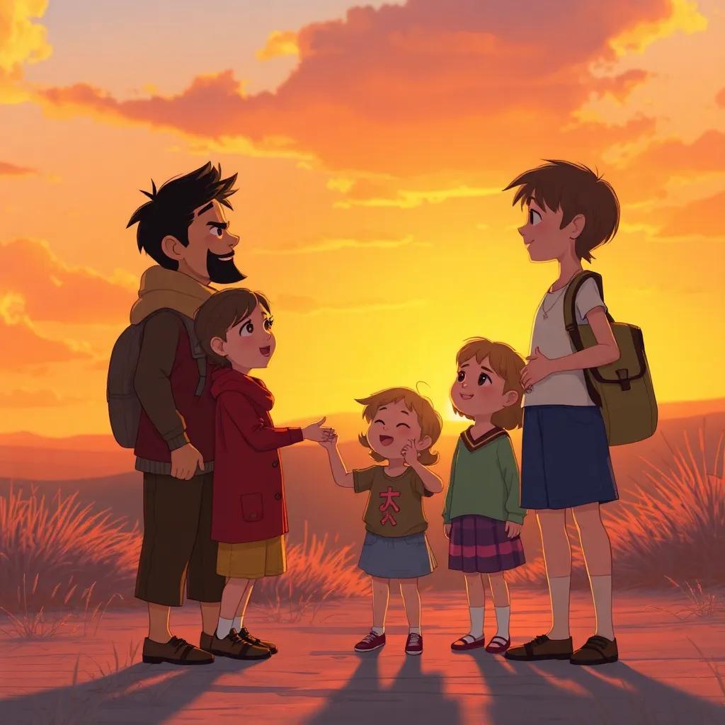 The stranger thanking the children at sunset, promise of friendship in the air, warm colors, happy expressions, digital art, heartwarming scene, delightful perspective, high quality