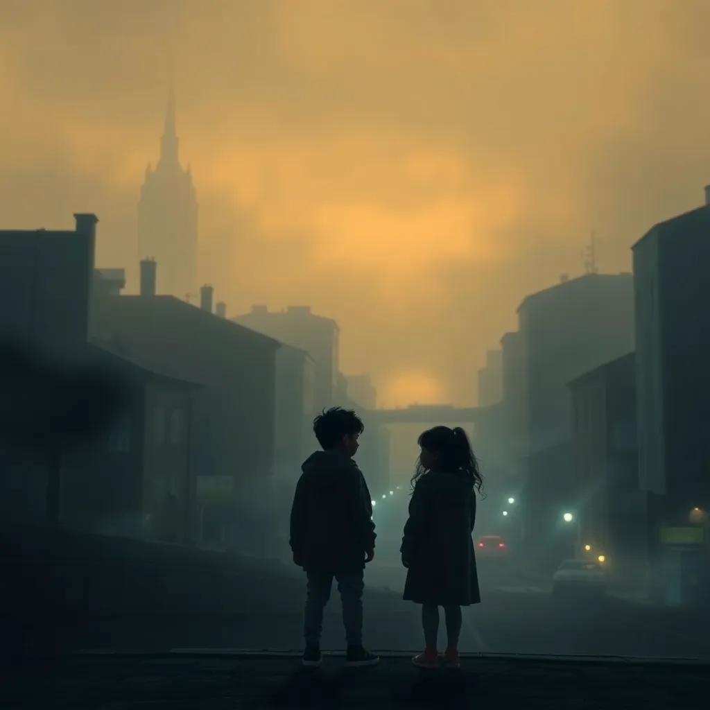 A foggy city with mysterious shadows and dim streetlights, with two children, Sami and Leila, discussing together in awe, digital art, eerie atmosphere, muted colors, captivating perspective, high quality
