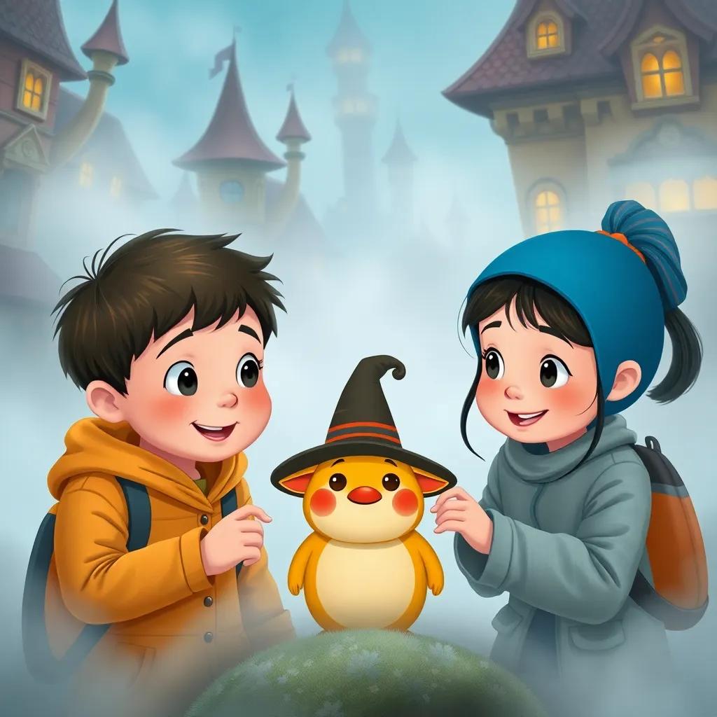 Sami and Leila, two children with curious expressions, discovering a small and friendly creature wearing a big hat, surrounded by thick fog and whimsical buildings, illustration, cheerful, vibrant colors, inviting imagery, child-friendly
