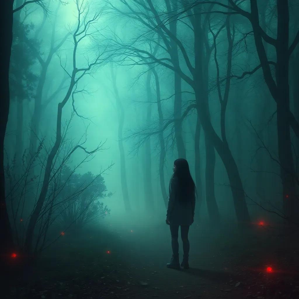 A mysterious foggy forest with trees and a faint path, featuring a brave girl named Elyana, a 17-year-old with long black hair and silver eyes, curiously following a whispering voice, whimsical atmosphere, soft glow, magical realism, high quality