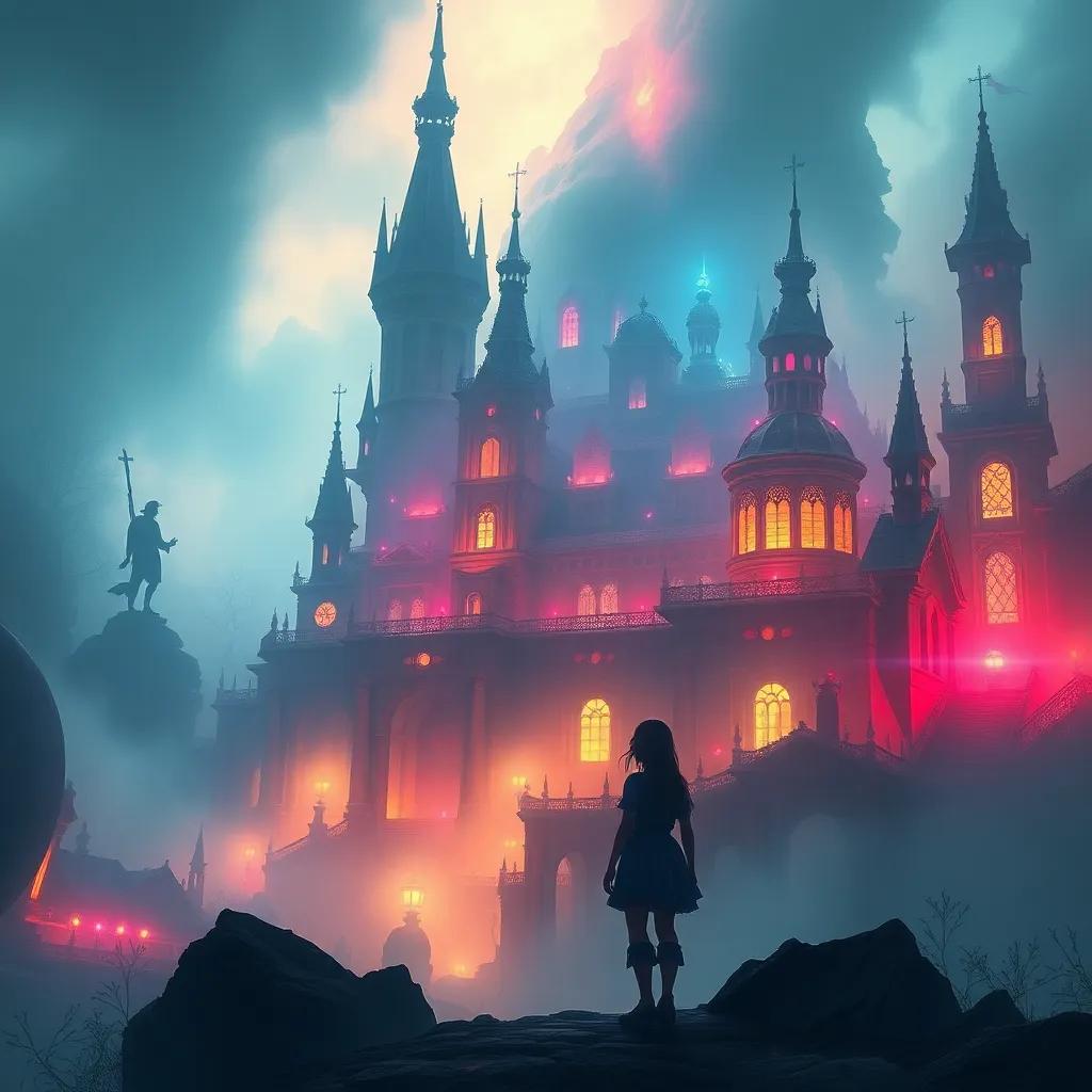 An enchanted, shadowy city, Niroval, emerging from fog, with Elyana looking around in awe, discovering its secrets, mysterious buildings, magical light, vibrant colors, fantasy, high quality
