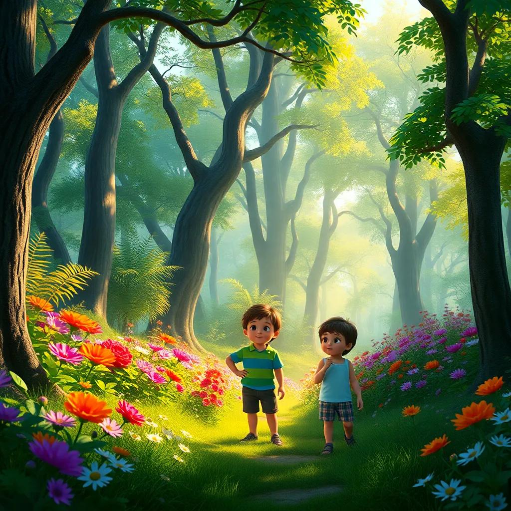 A magical, untouched forest with lush green trees and colorful flowers, children looking amazed while discovering the beauty of nature, digital art, vibrant colors, warm sunlight, inviting atmosphere, high quality