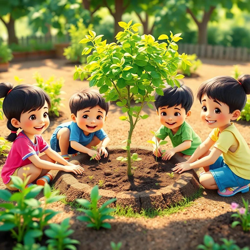 Children planting seeds in a small garden with newly grown trees around, smiling and working together in their community, digital art, bright colors, cheerful and sunny, high quality