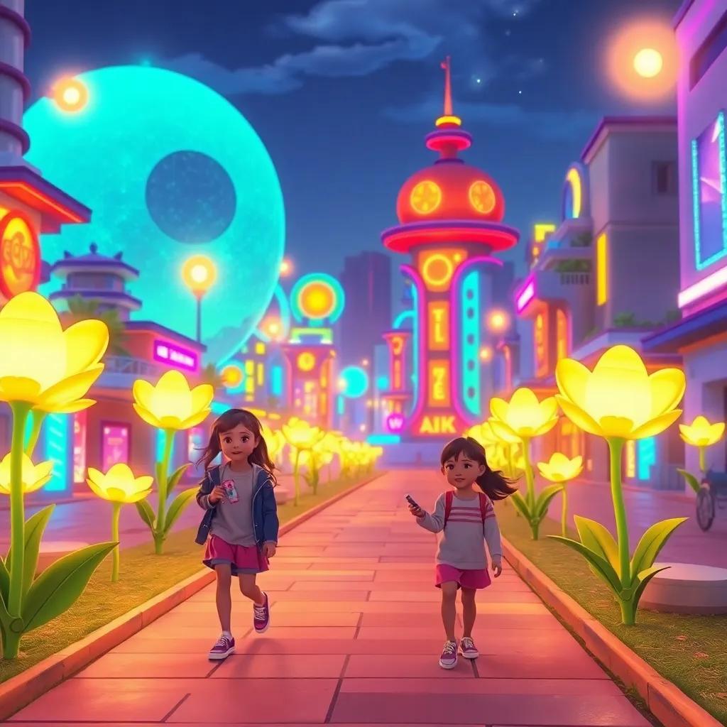 A bright city called Nova in the near future with flower-shaped street lights glowing as children walk by, digital art, vibrant colors, futuristic and inviting atmosphere, highly detailed
