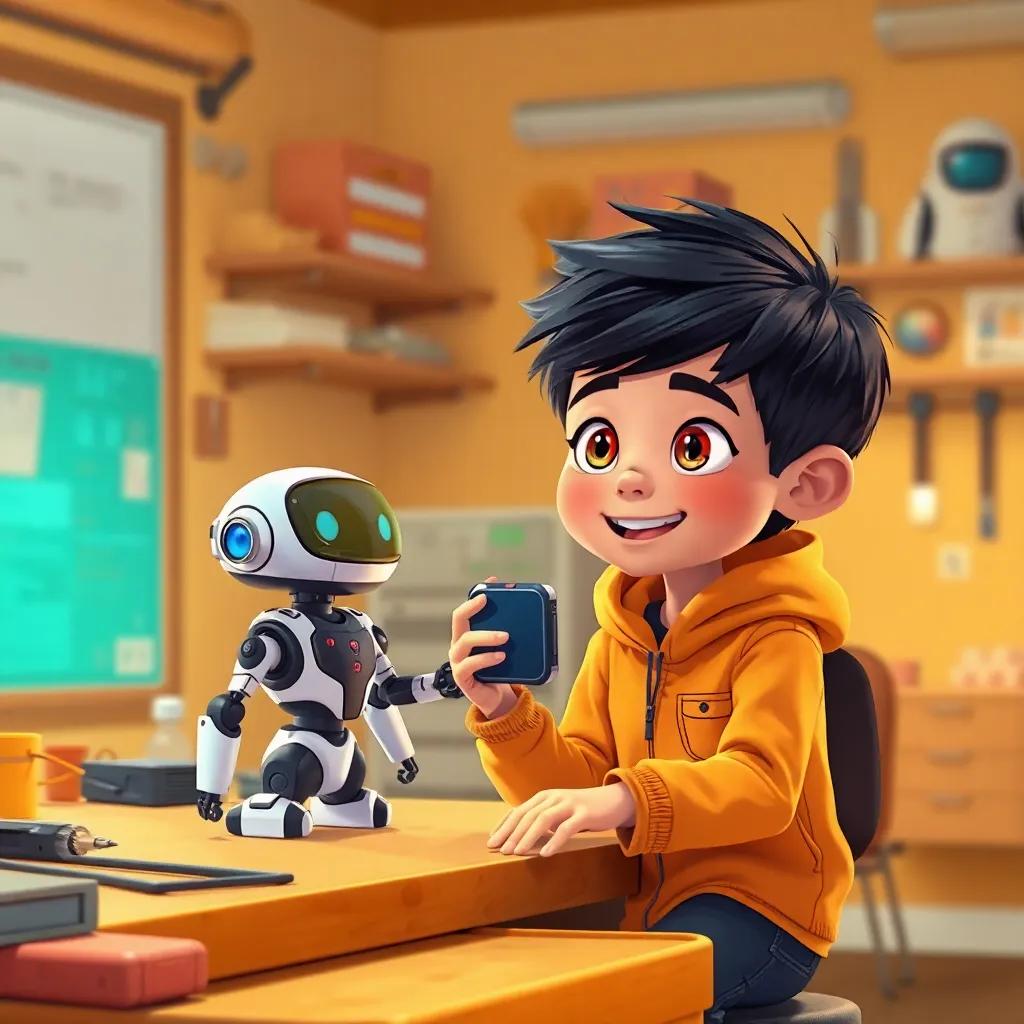 A young boy named Salim with short black hair and casual futuristic clothes, sitting at a workbench with his small robot friend Robo, excitedly holding a small device, warm colors, creative workspace vibe, child-friendly