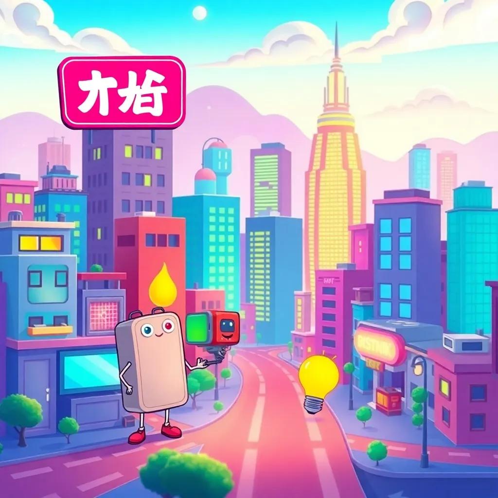 A colorful city landscape labeled 'مدينة الكهرباء', with cartoonish characters representing battery, wire, switch, and light bulb, bright and lively atmosphere, digital art, cheerful lighting, high quality