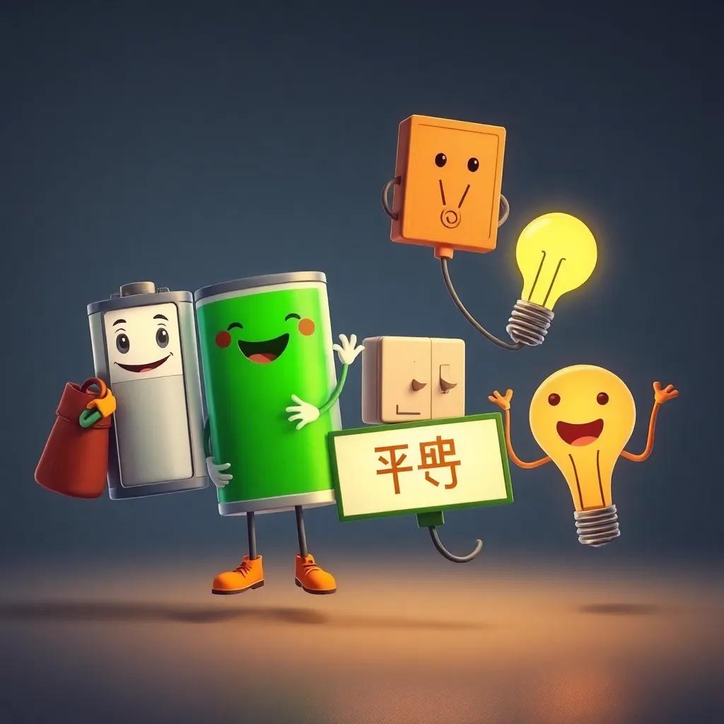 The characters - a battery named بطوط with an energetic expression, wearing a clever costume and holding a power bag, a wire named سلكو energetically dancing, a switch named قاطع holding a sign 'تشغيل / إيقاف', and a light bulb named مضيئة glowing with excitement, all together in a circle, vibrant scene, playful art style, high definition