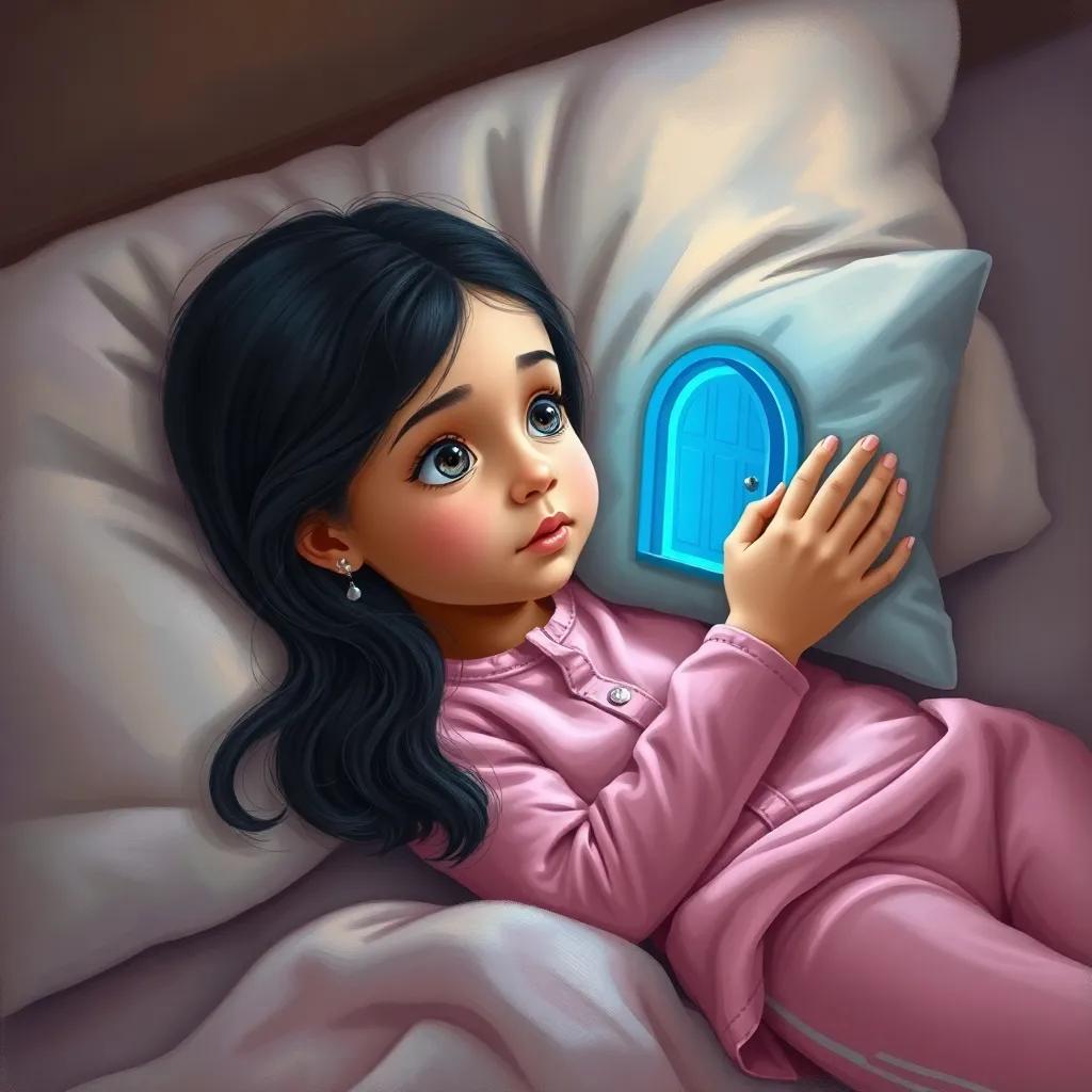 A young Arab girl, Ghida, with long black hair, wearing pink pajamas, laying on a bed with a cozy pillow, looking surprised at a small blue door glowing under her pillow, soft lighting, warm colors, child-friendly and inviting, high quality