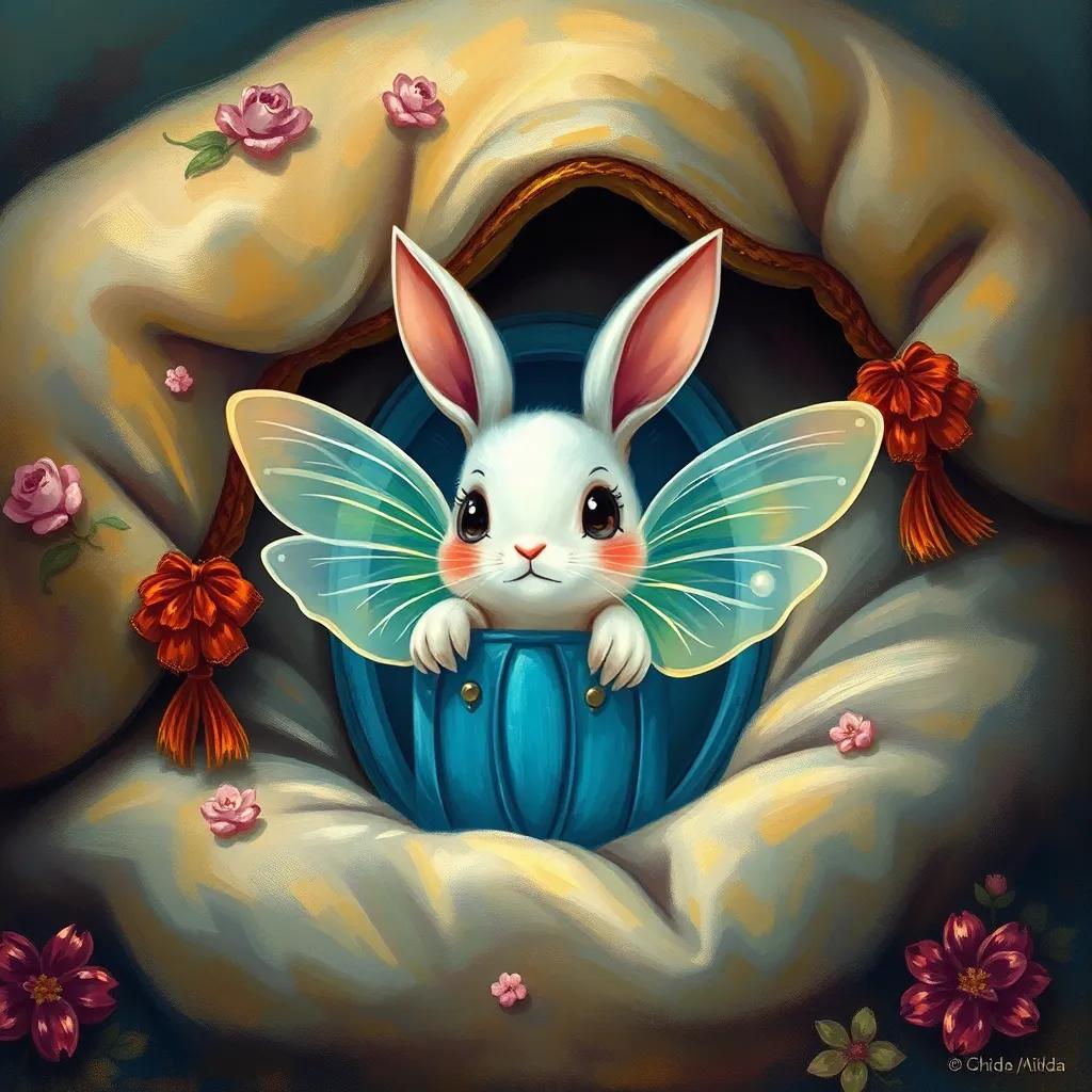 A small creature resembling a bunny with transparent wings, named Nikko, emerging from a tiny blue door under the pillow of Ghida, colorful and magical, cheerful and enchanting atmosphere, high quality