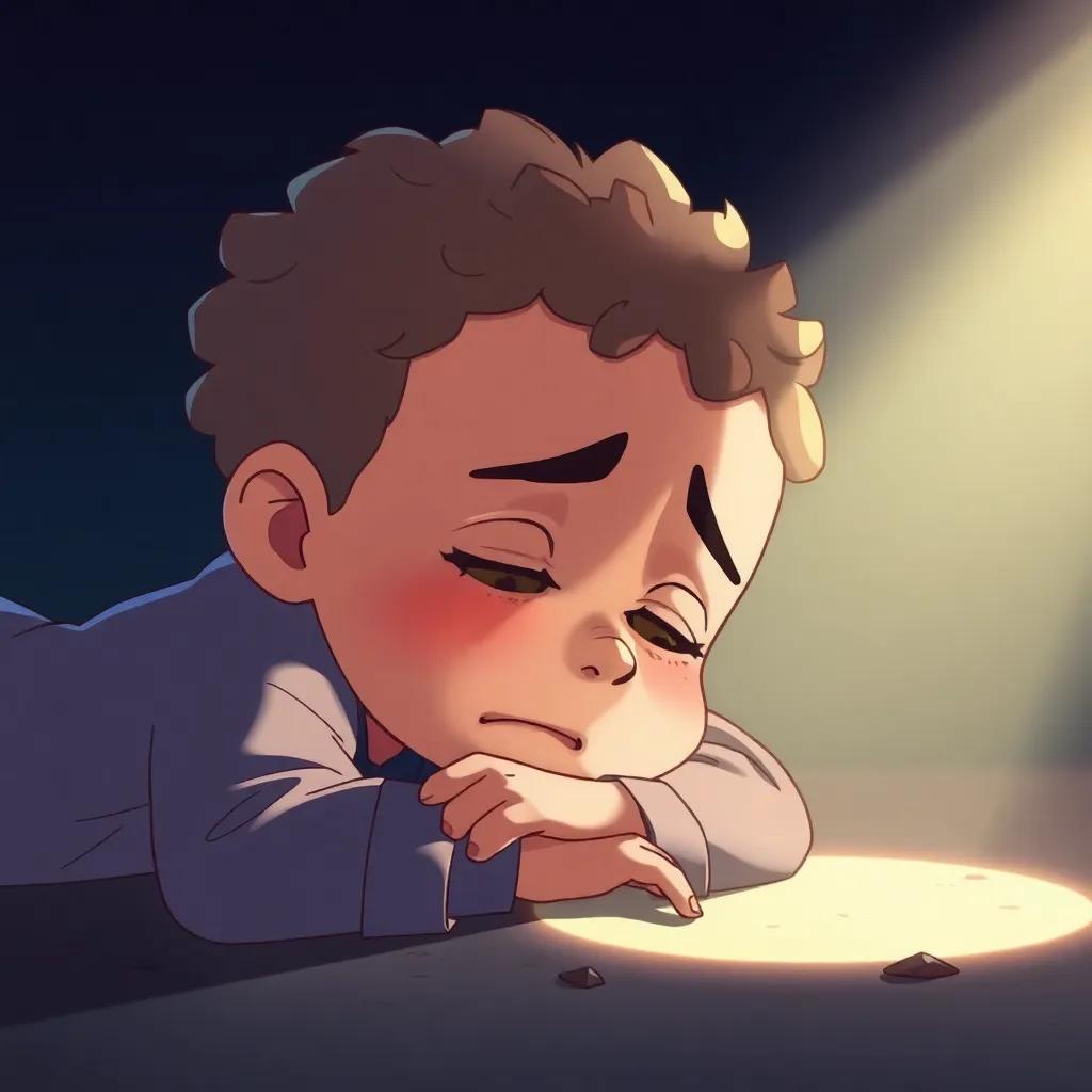 A 7-year-old boy, Mortada, with short curly hair and a worried expression, laying on the ground, crying, with bright light shedding on him, illustration, child-friendly, tender moment, heartwarming