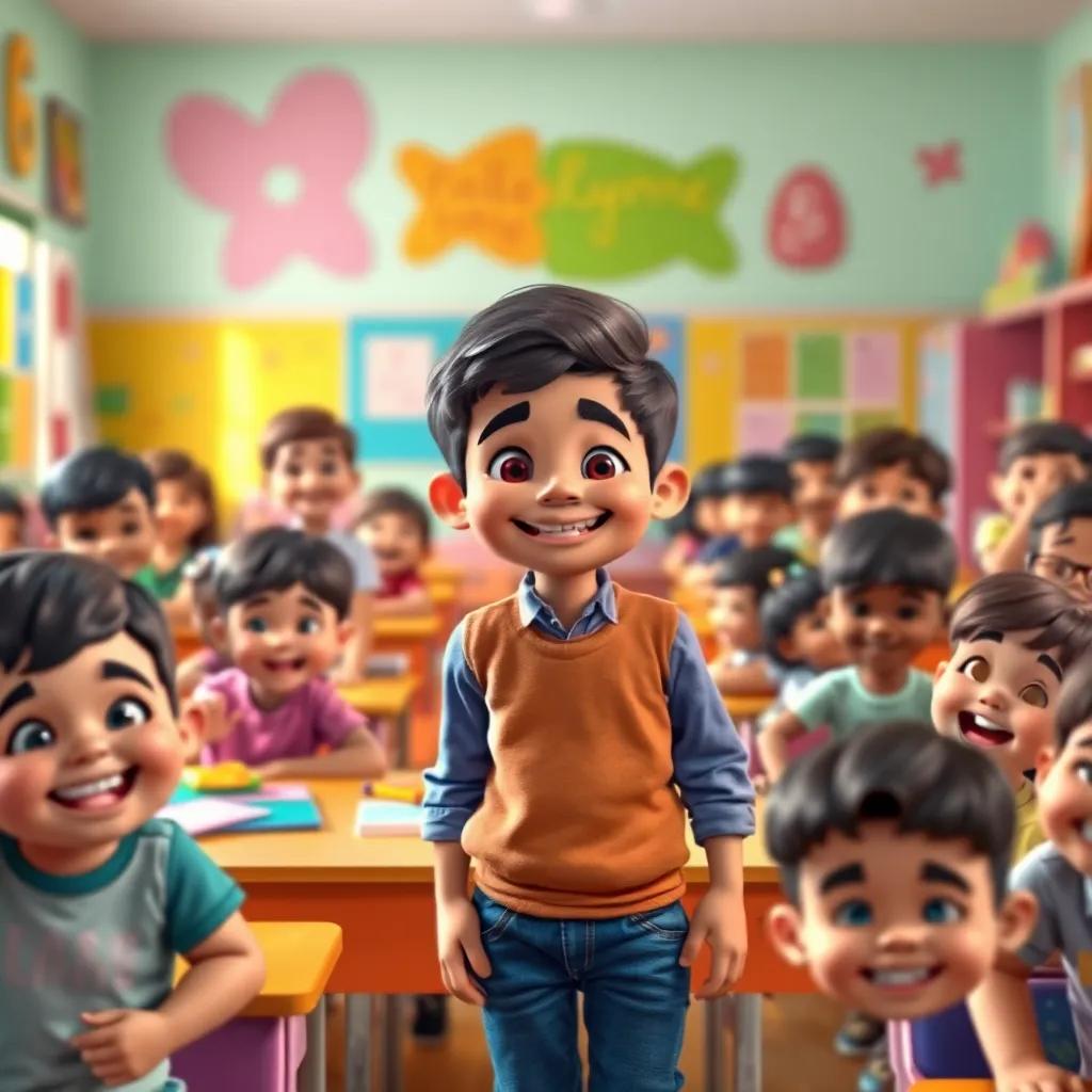 A colorful classroom filled with happy children, with a boy named Ahmad, a young Arab boy, wearing a blue shirt and jeans, smiling broadly as he welcomes friends, vibrant colors, warm and inviting atmosphere, cheerful classroom scene, high quality
