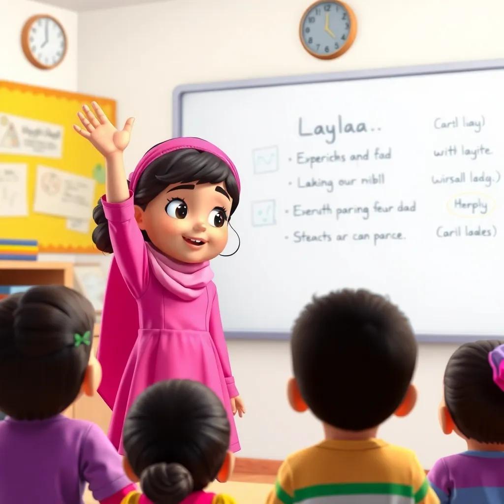 A teacher standing in front of a whiteboard, explaining excitedly to the children, with a girl named Layla, a young Arab girl, wearing a pink dress and a bright headband, raising her hand to answer, colorful, engaging classroom setting, digital art, child-friendly, high quality