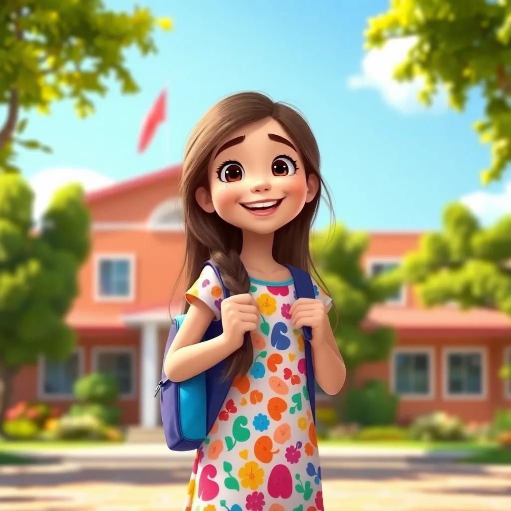 A young Arab girl, Sarah, with long, brown hair, wearing a colorful dress, smiling excitedly as she holds her backpack, standing in front of her school, bright sunny day, digital art, cheerful atmosphere, vibrant colors, inviting scene, high quality