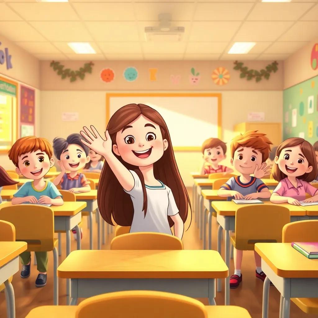 A lively classroom with desks and joyful young children, including Sarah with long, brown hair, waving at her friends, colorful decorations on the walls, bright and cheerful learning environment, illustration, warm light, positive vibes, friendly atmosphere, high quality
