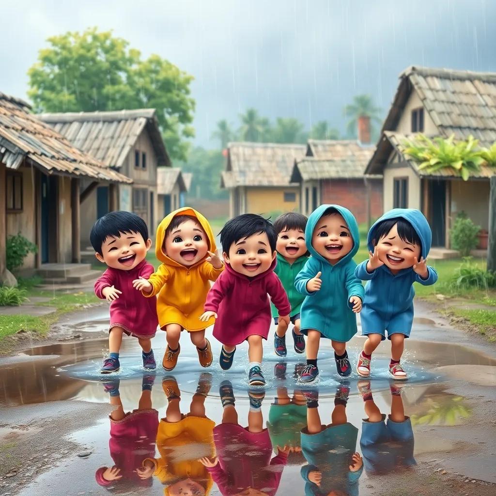 A group of children playing joyfully in the rain in a small village with simple houses, laughing, splashing in puddles, colorful raincoats, digital art, vibrant colors, cheerful atmosphere, high quality