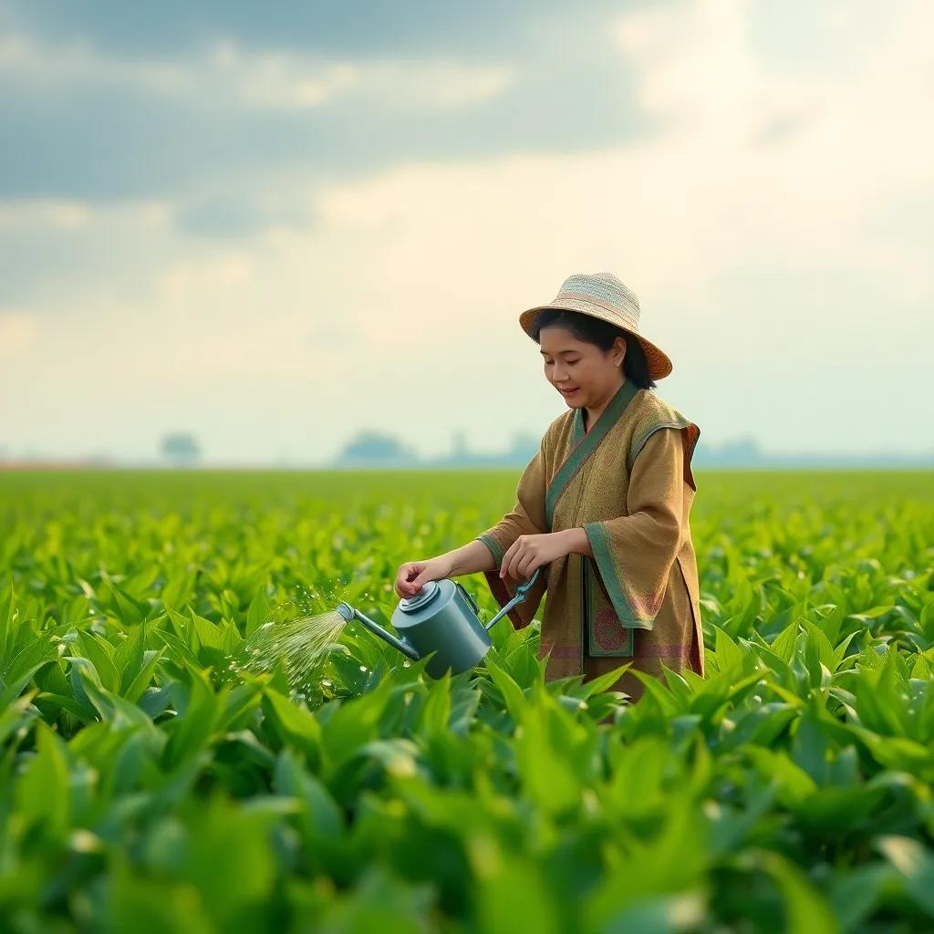 A parent working in a green field, watering plants under a cloudy sky, little droplets of rain around, wearing traditional clothes, soft light, fresh colors, nature-friendly scene, high quality