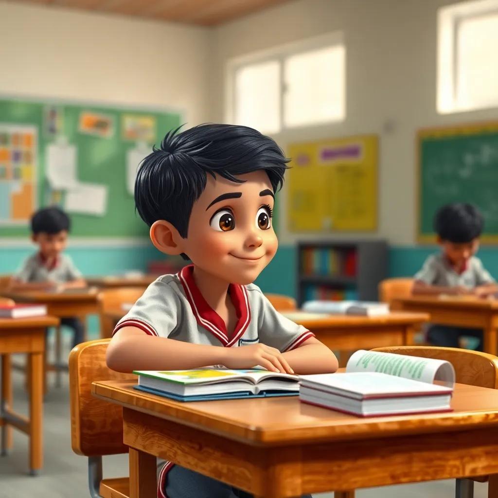 A young Arab boy, Marwan, with short black hair wearing a simple school uniform, sitting at a wooden desk with books scattered around, looking playfully at his friend Sada, school environment, bright lighting, colorful classroom, engaging image