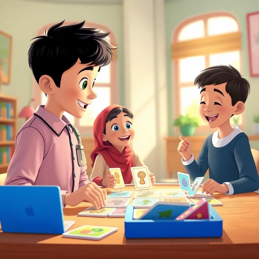 A young Arab boy, Marwan, with short black hair wearing a simple school uniform, playing a fun educational game with his friend Sada, surrounded by colorful flashcards and enthusiasm, cheerful atmosphere, sunlight through the windows, joyful interaction