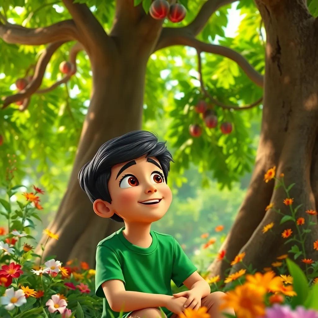 A young Arab boy, Marwan, with short black hair wearing a green T-shirt, sitting under a giant mulberry tree, surrounded by lush greenery and colorful flowers, looking amazed, digital art, vibrant colors, cheerful atmosphere, high quality