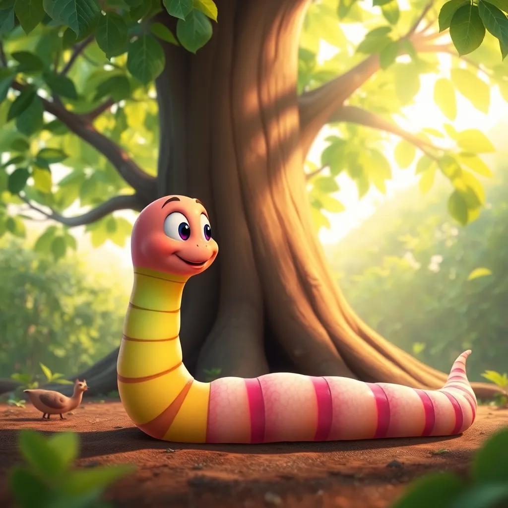 A beautiful rainbow-colored worm, talking to Marwan, with the giant mulberry tree in the background, green leaves and soft sunlight filtering through, magical vibes, illustration, warm colors, friendly interaction, high quality