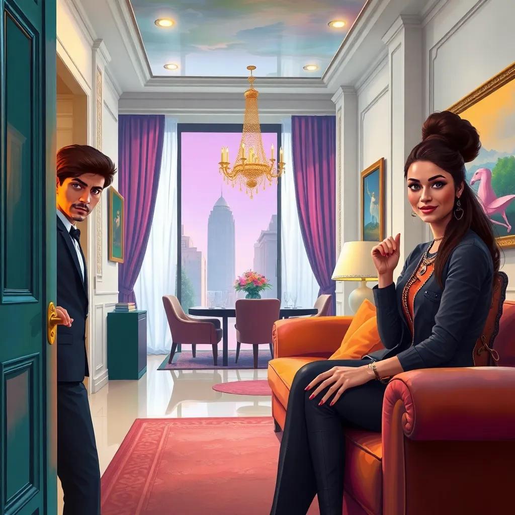 Morrow entering a lavish and modern apartment, looking curious but nervous, Riri, a wealthy Egyptian girl with long, styled hair wearing trendy clothes, and her friend Habiba sitting on a couch, plotting mischievously with a sly smile, digital art, colorful, engaging ambiance