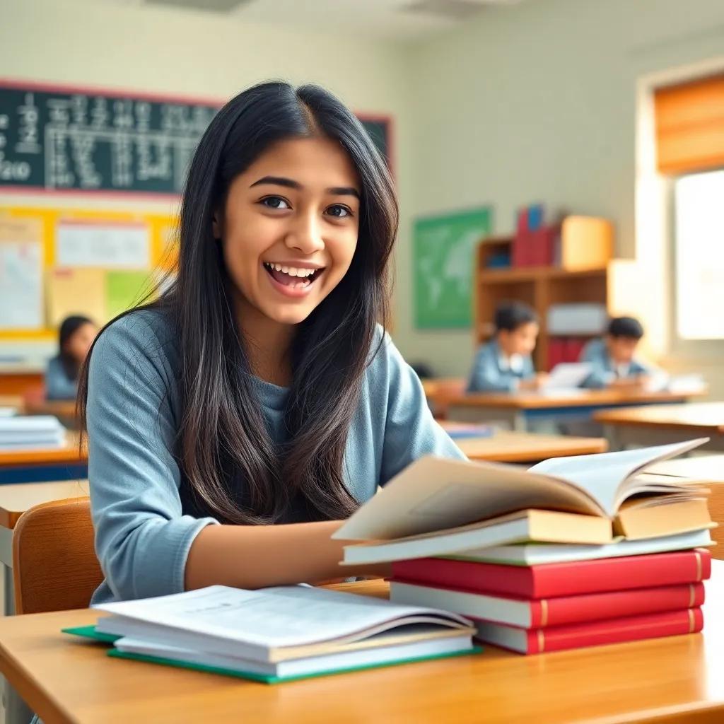 A high school girl, Marwa Al-Azmi, with long black hair, wearing a school uniform, excitedly studying math on a desk filled with books and equations, bright classroom environment, vibrant colors, cheerful atmosphere, high quality