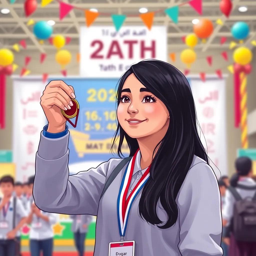 Marwa Al-Azmi, a high school girl with long black hair, wearing a school uniform, confidently holding a medal and looking at a math competition banner in Doha, energetic competition setting, colorful decorations, determination and pride, polished illustration