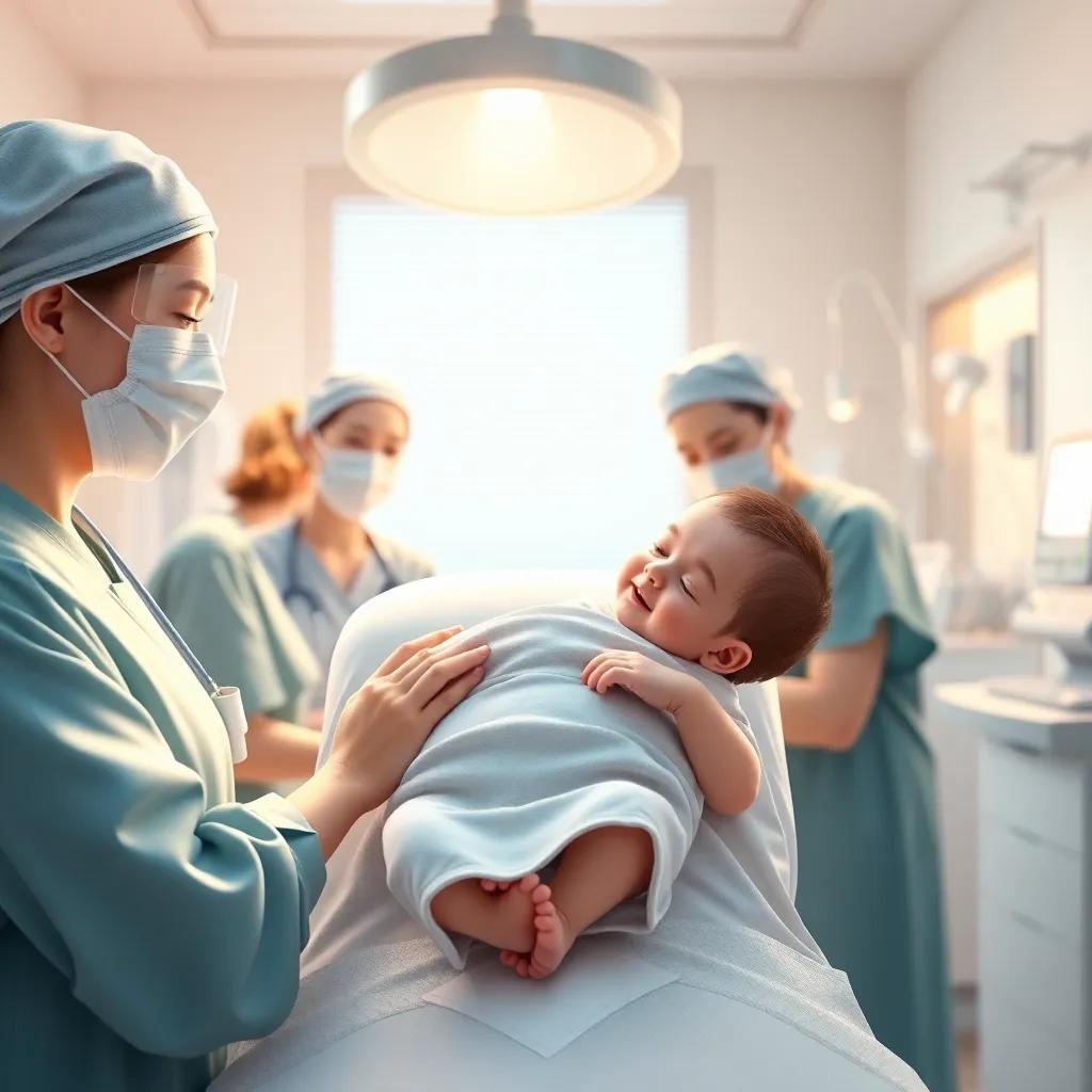 A newborn baby girl, Marianna, in a bright hospital room, surrounded by nurses and medical equipment, soft light, cozy atmosphere, detailed, high quality