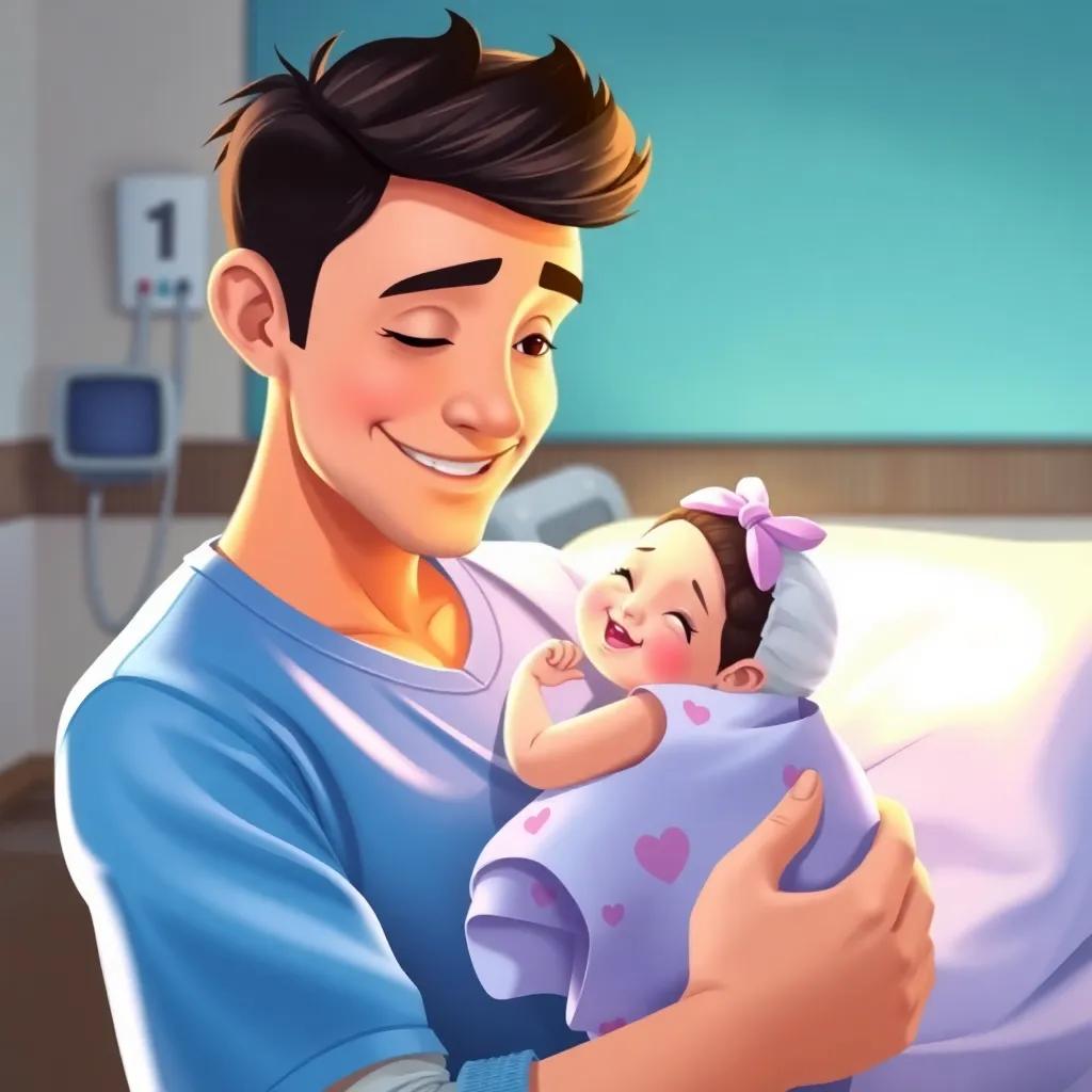 A loving father holding his newborn daughter, Marianna, in a hospital room, filled with warmth, gentle smile, fatherly affection, vibrant colors, heartwarming scene, digital art