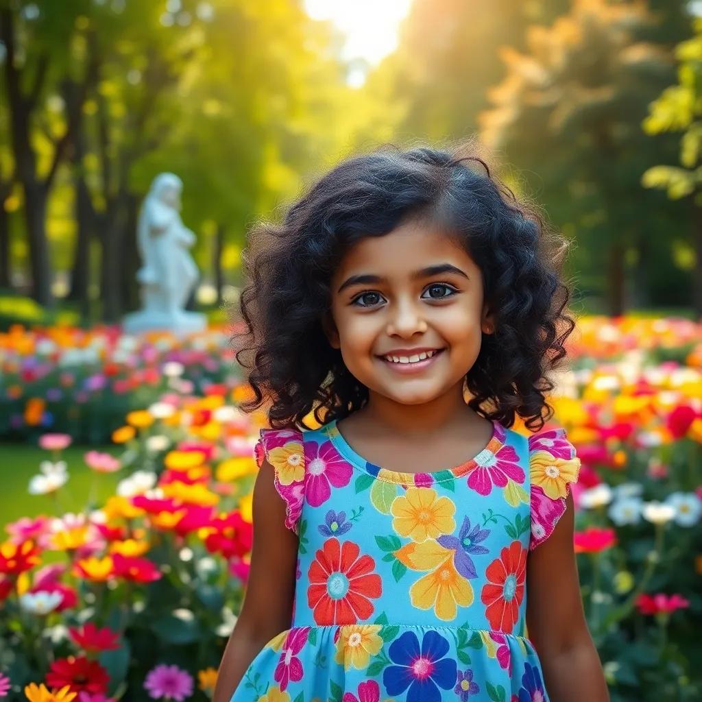 A young girl, Mariam, with curly black hair wearing a colorful dress, playing in a green park, surrounded by colorful flowers, bright sunlight, cheerful atmosphere, vibrant colors, high quality
