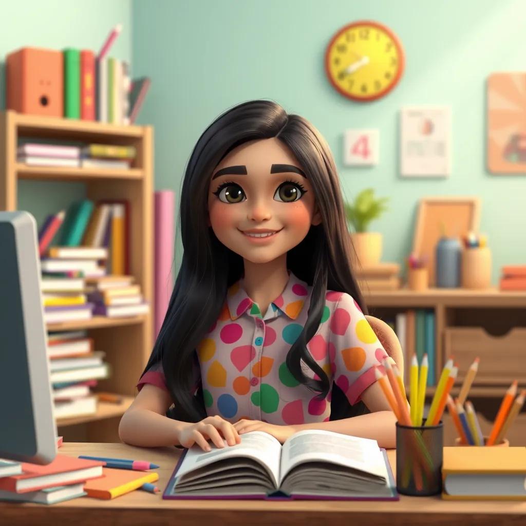 A young Arab girl, Mariam, with long black hair wearing a colorful shirt, sitting at her desk full of books and colorful stationery, joyful and organized atmosphere, digital art, cheerful scene, high quality