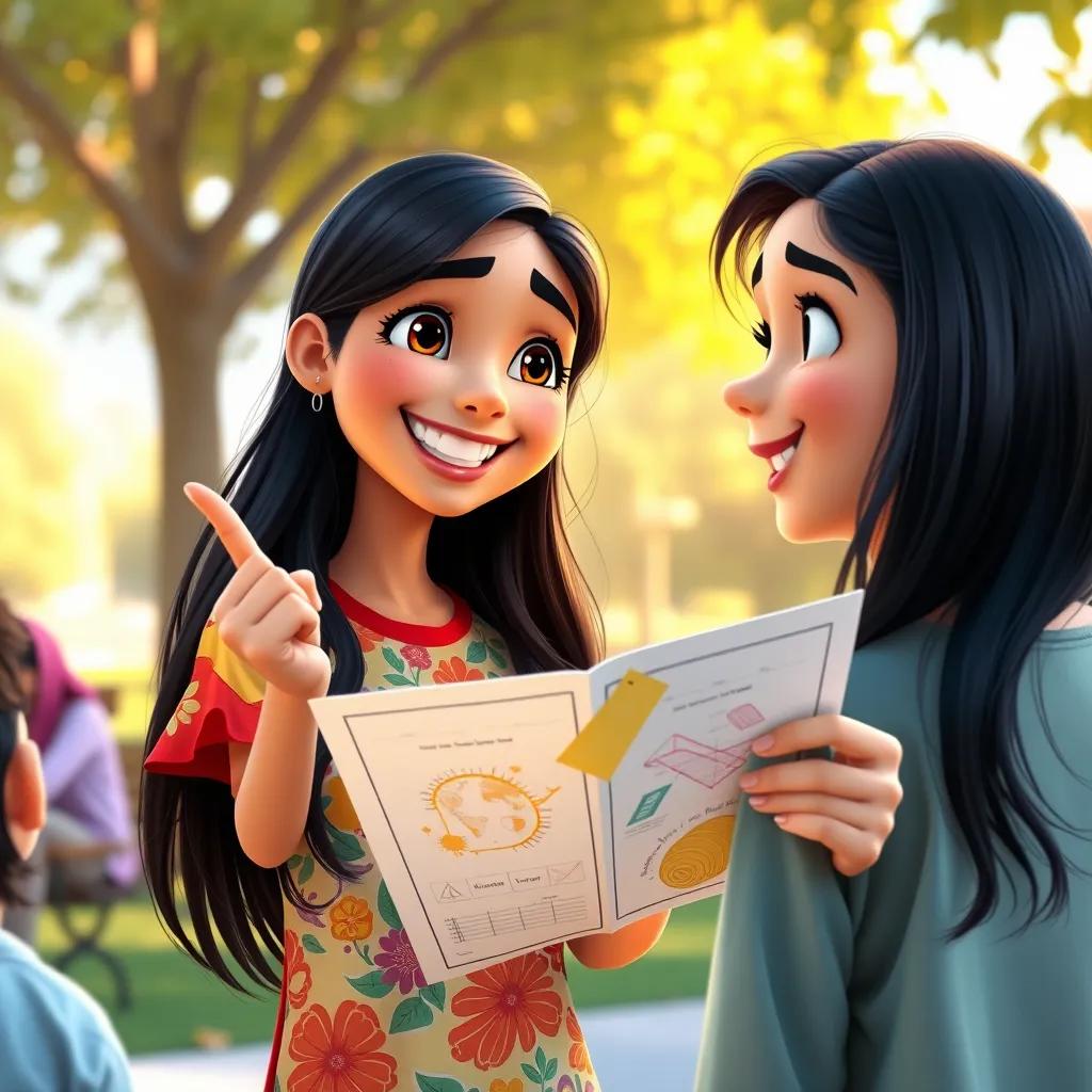 A smiling Mariam, a young Arab girl with long black hair in a colorful shirt, proudly showing her colorful diagrams and notes to her friends outside in a sunlit park, joyful scene, bright colors, heartwarming