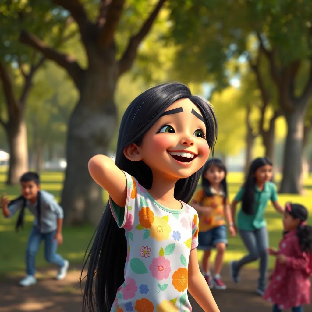 Mariam, a young Arab girl with long black hair wearing a colorful shirt, playing joyfully in a park with her friends under the trees, laughter and happiness, bright atmosphere, cheerful