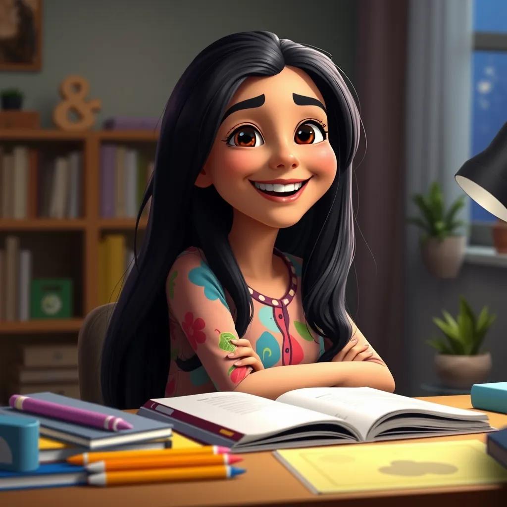 A joyful Mariam, a young Arab girl with long black hair in a colorful shirt, sitting back at her desk at night with a smile, her colorful study materials around her, sense of accomplishment, cozy light, heartening atmosphere