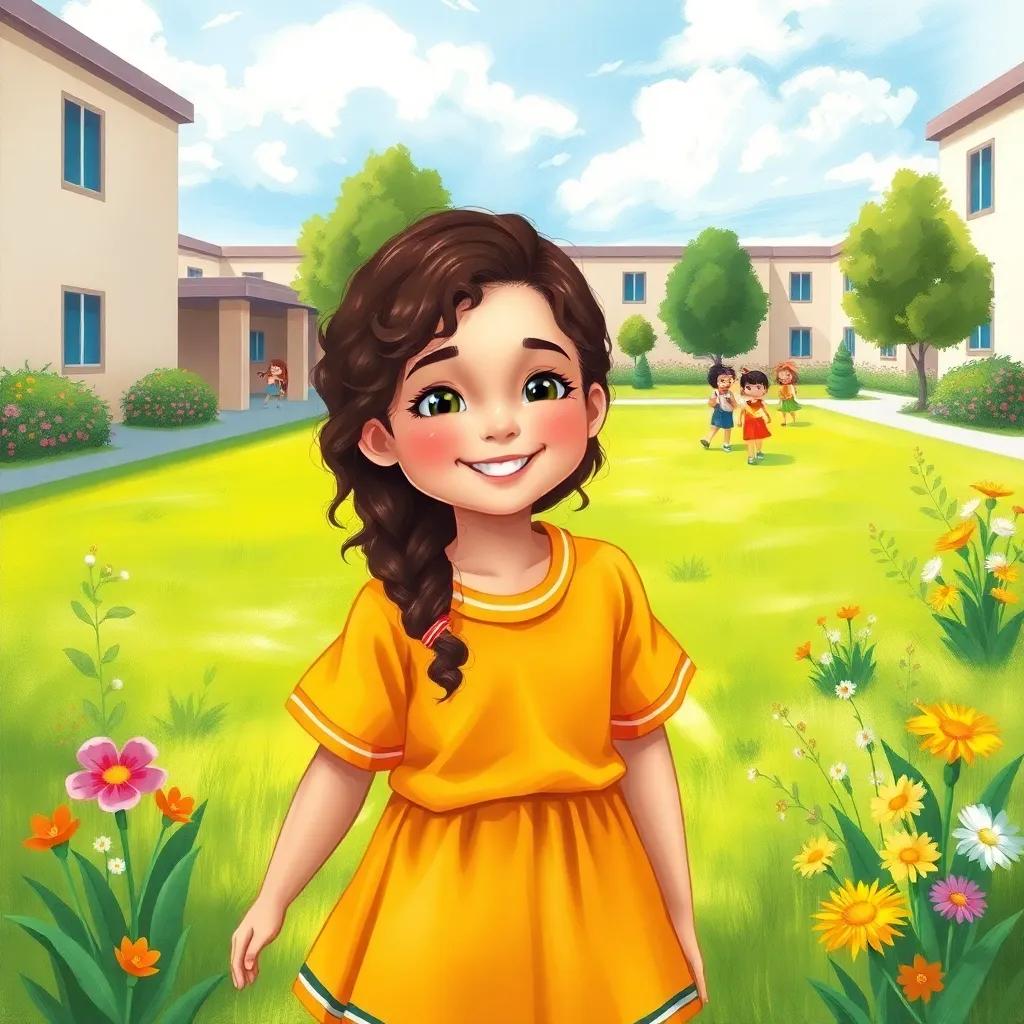 A young Arab girl, Mariam, with long, curly hair, wearing a bright school uniform, smiling while playing with her friends in a clean school yard filled with green grass and colorful flowers, cheerful atmosphere, child-friendly illustration, detailed, vibrant colors