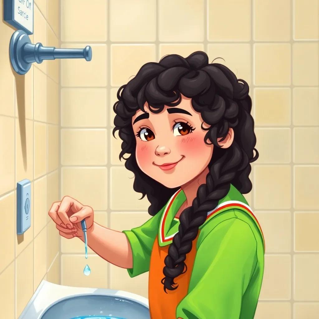 A young Arab girl, Mariam, with long, curly hair, wearing a bright school uniform, turning off a water tap in the school restroom, light shining on her friendly face, focused on saving water, educational illustration, bright colors, uplifting