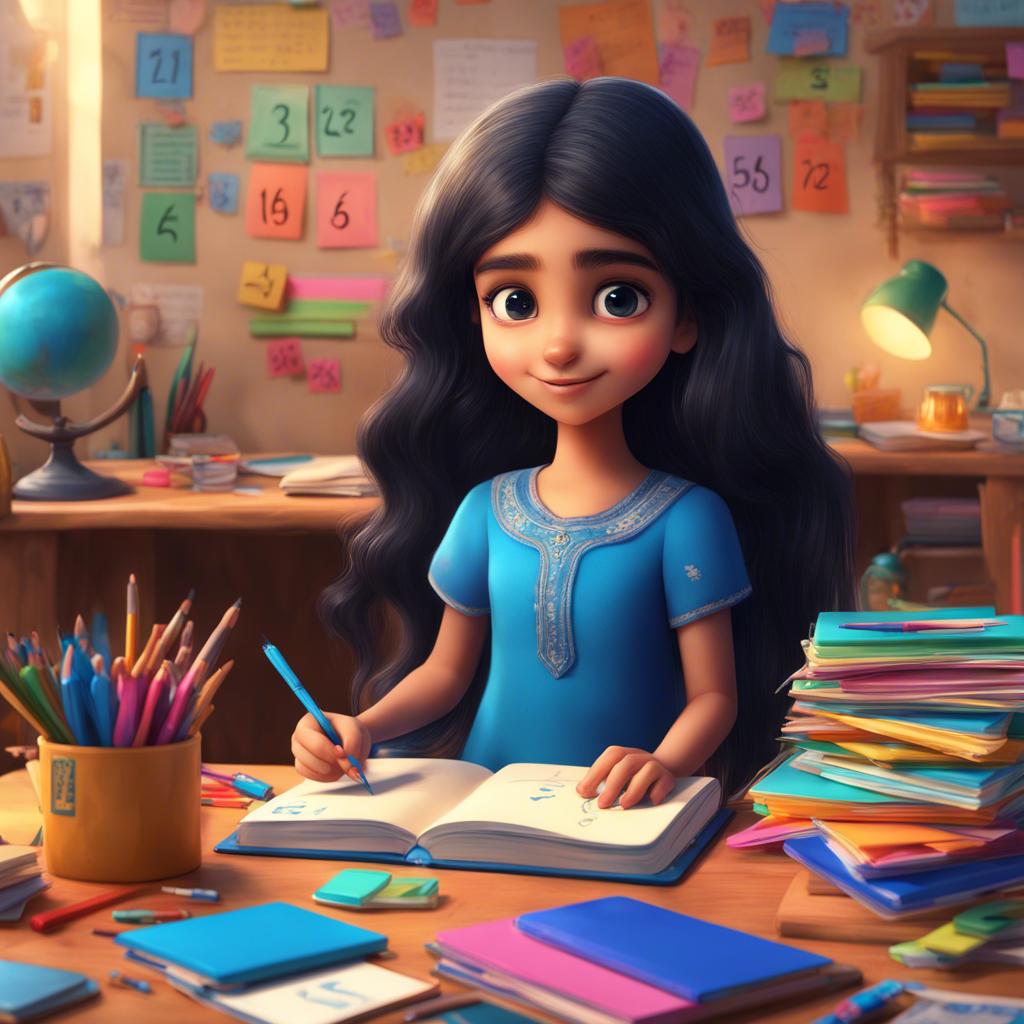 A small Arabic girl, Mariam, with long black hair, wearing a bright blue dress, sitting at a desk filled with colorful stationery and a notebook with numbers in it, warm and cheerful atmosphere, digital art, highly detailed, inviting scene