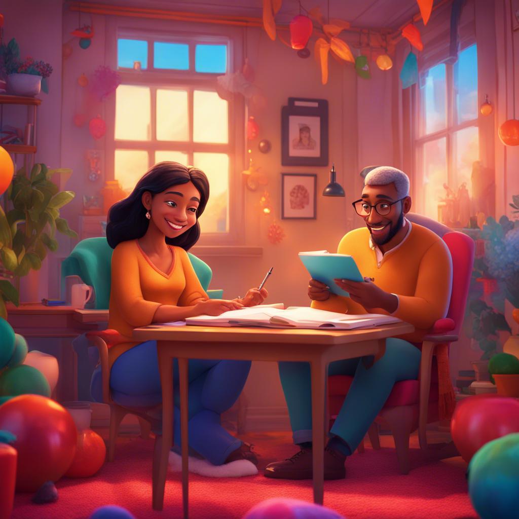 A joyful scene of Mariam's parents smiling at her while she writes in her notebook, background featuring vibrant decorations and a cozy room, digital art, family atmosphere, bright colors, sharp focus